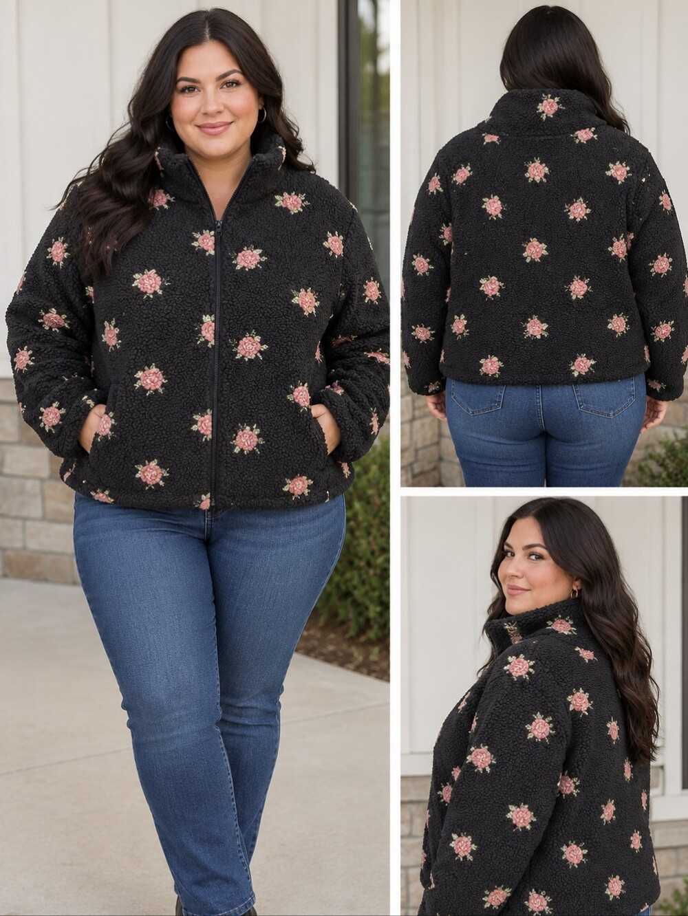 NWT Torrid Black Floral Sherpa Puffer Jacket Hipster Fleece 2X 18-20 Rose